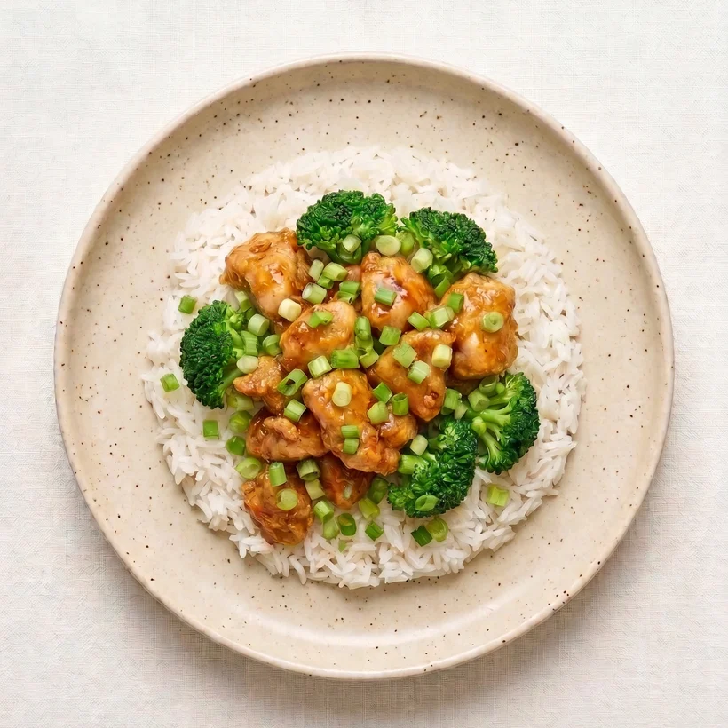 golden orange chicken with jasmine rice and broccoli, a fresh prepared meal cooked in minneapolis and delivered sunday