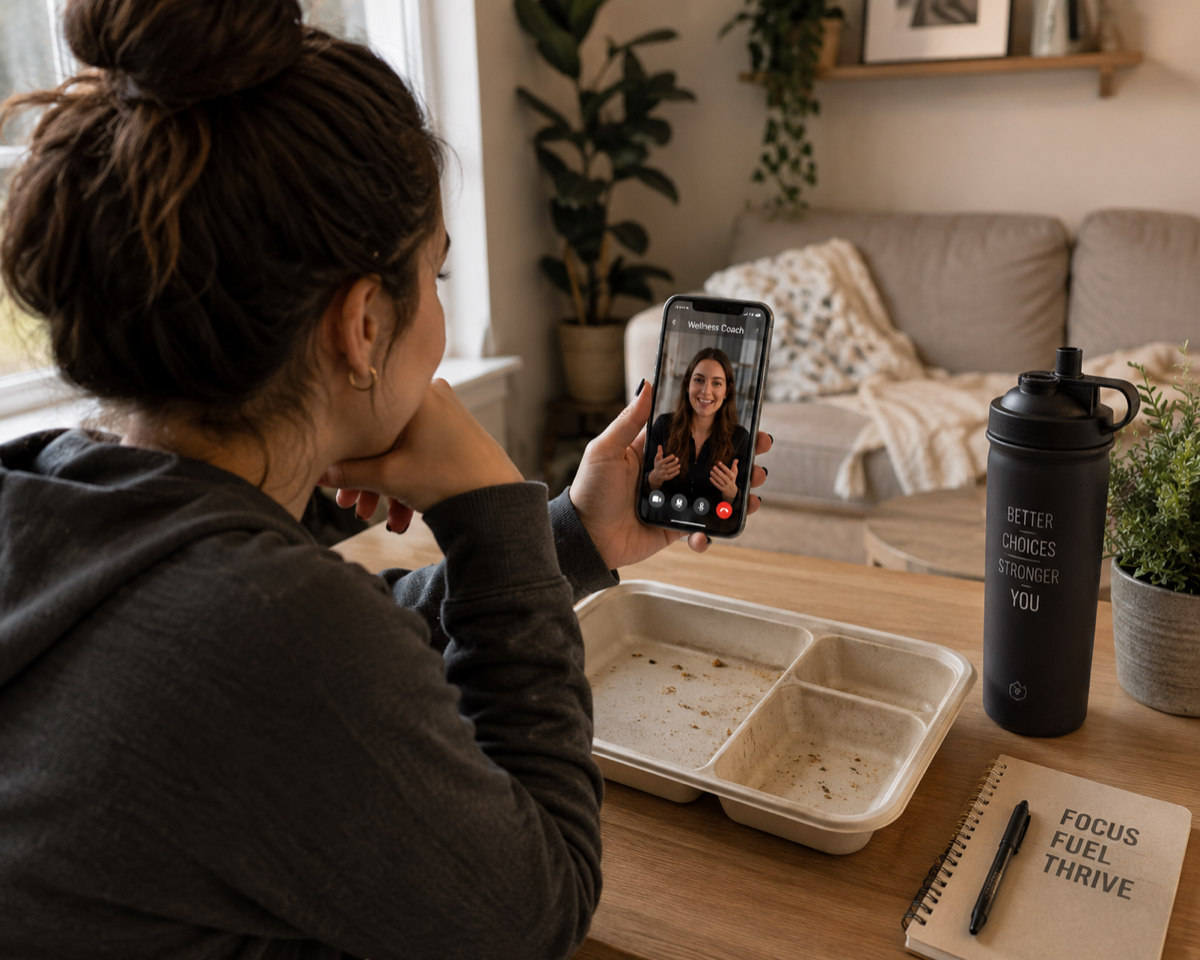 a coach reviewing a client's weekly meal plan
