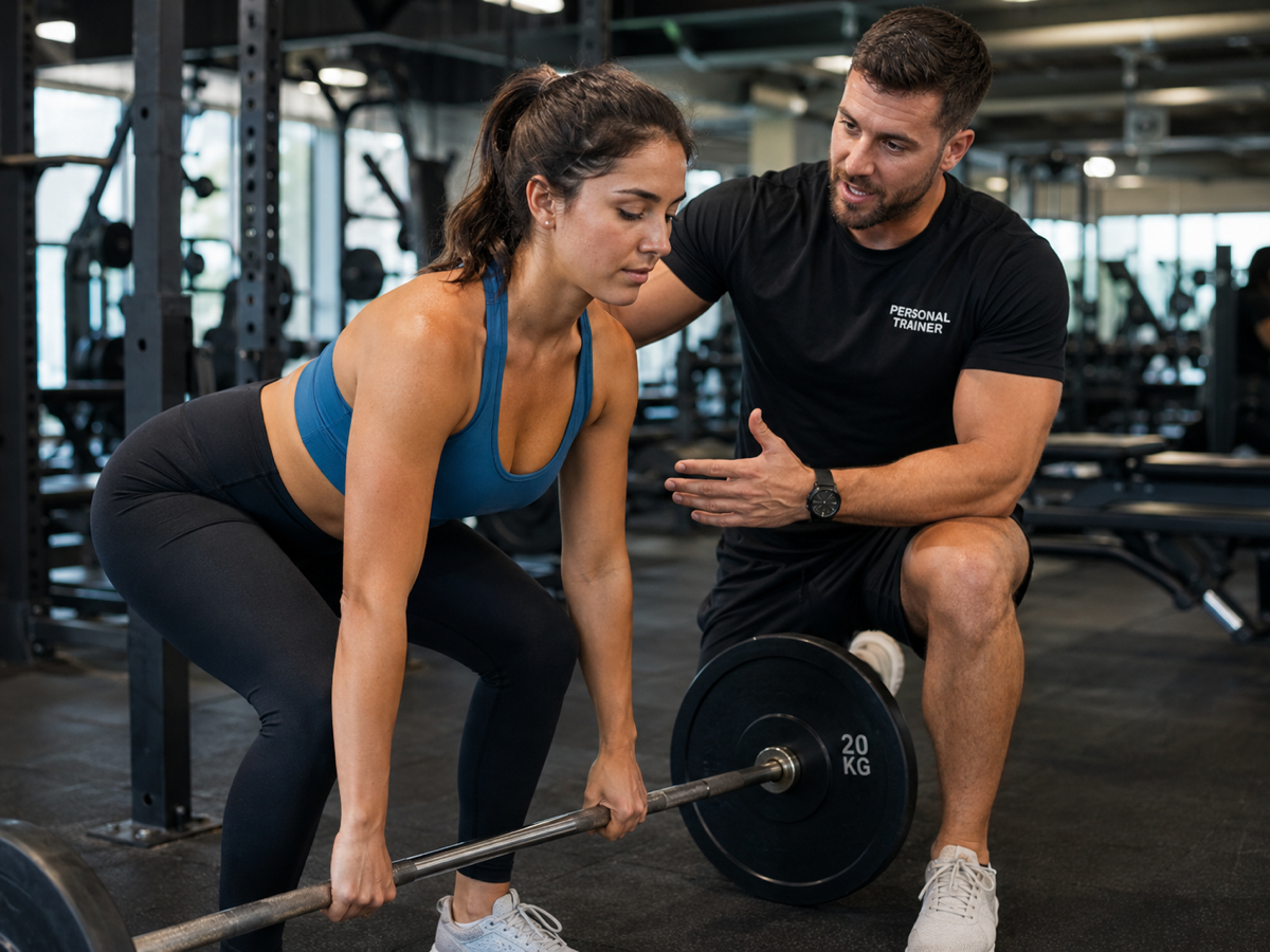 a personal trainer coaching a client through a lift