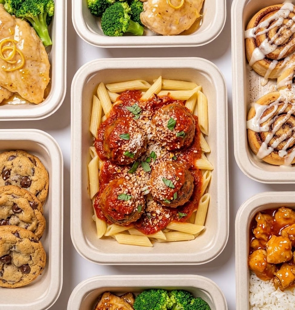 a spread of tandoco meals — penne and meatballs, lemon chicken with broccoli, orange chicken and rice, cinnamon rolls, and cookies in fiber trays