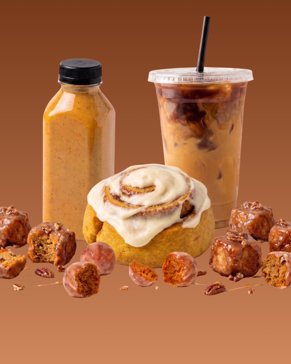fall drop lineup, pumpkin cinnamon roll, pumpkin shake, iced coffee, pecan bites